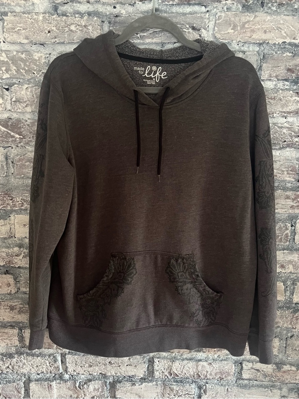 made for life Charcoal Gray Pullover Hoodie with Contrasting Black Floral Trim